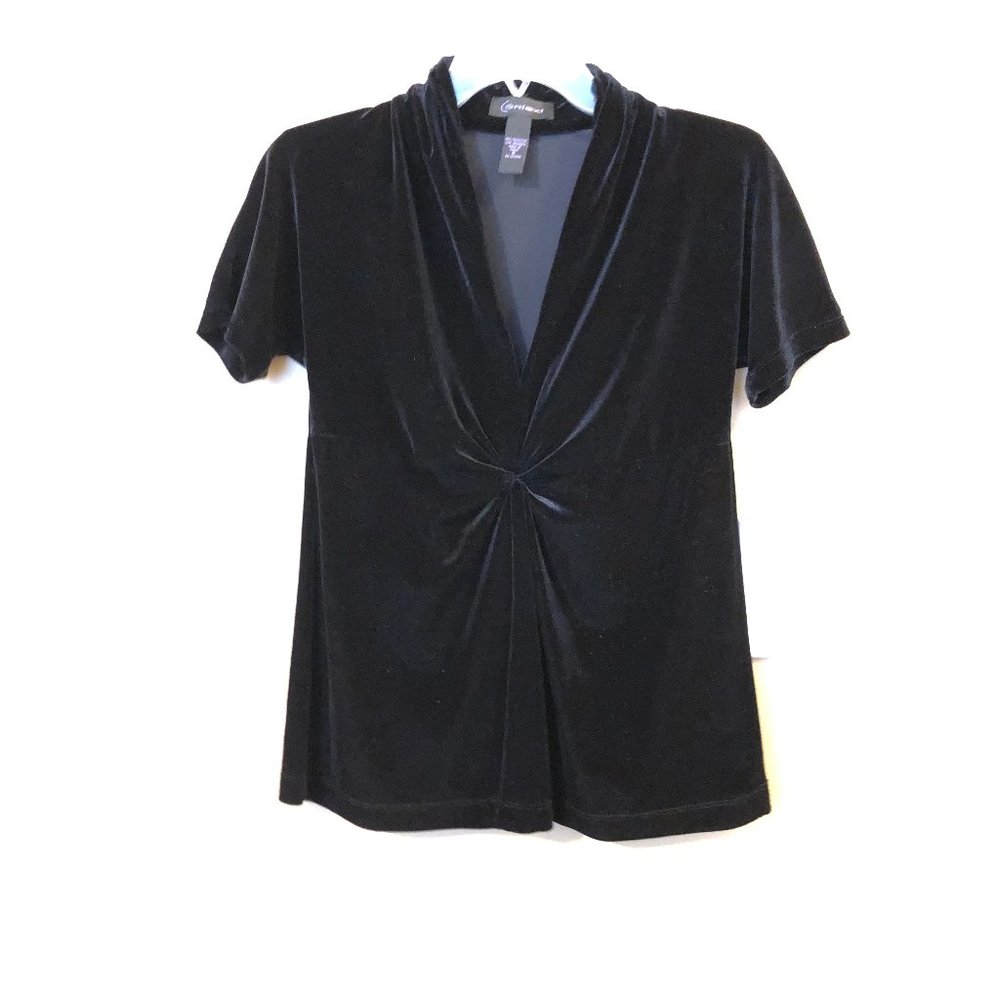 Context V Neck Velvet Top Blouse Women size Small Black Short Sleeves